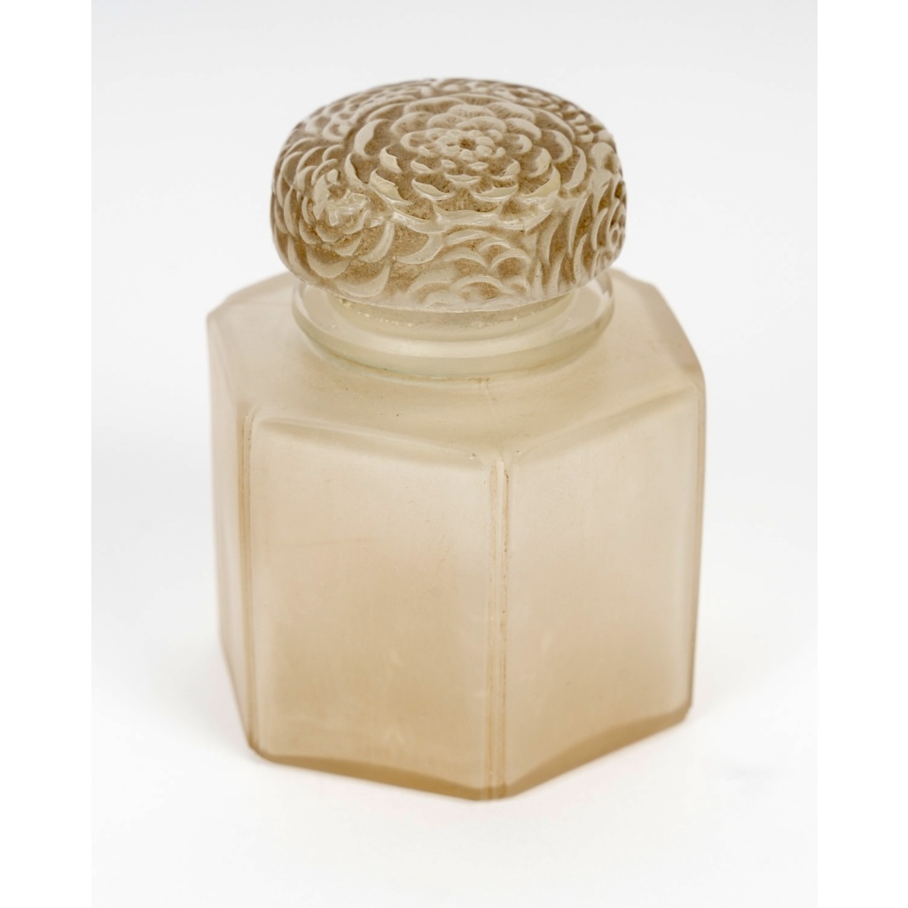 1913 René Lalique – Boîte Pot à Crème Chrysanthème Verre Blanc Patiné Sépia 4