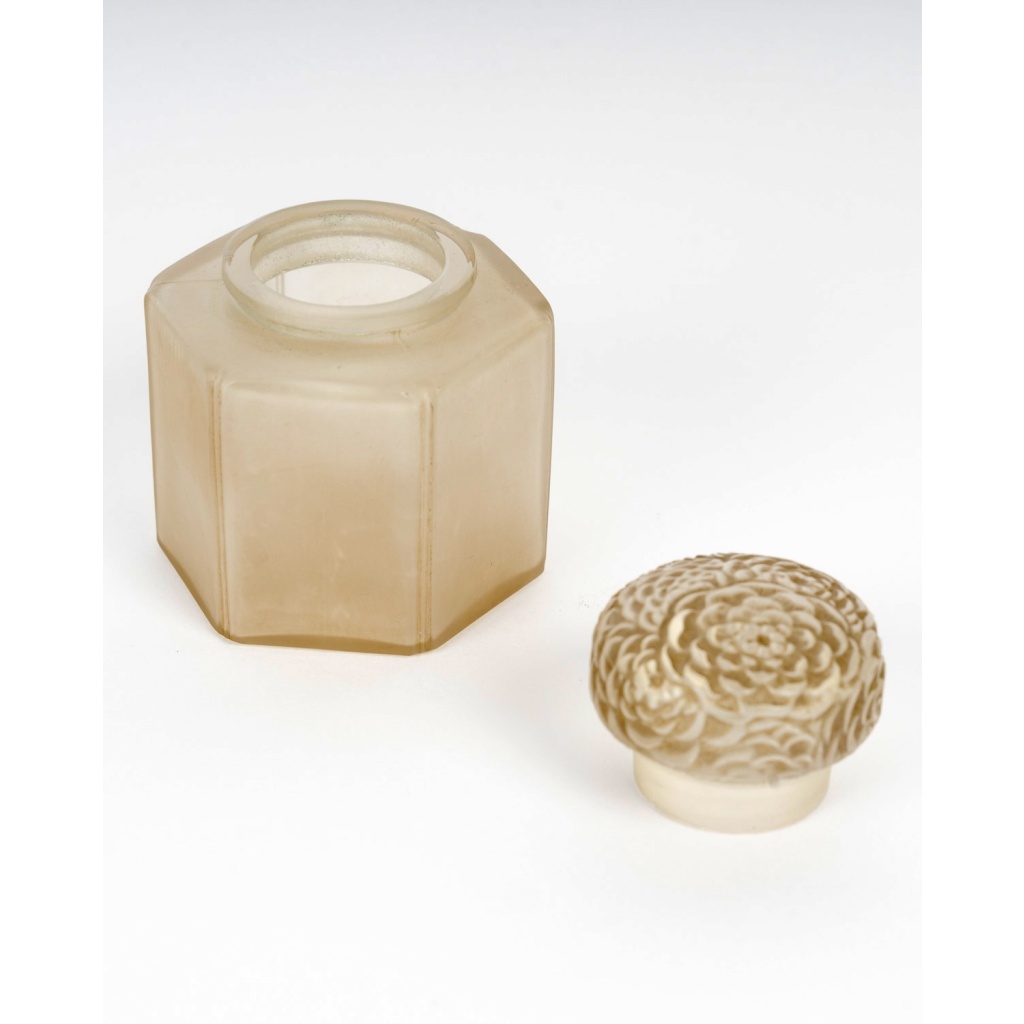 1913 René Lalique – Boîte Pot à Crème Chrysanthème Verre Blanc Patiné Sépia 5