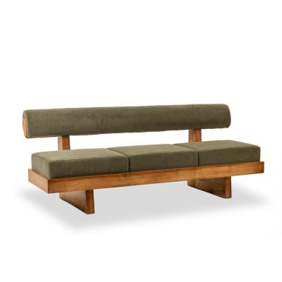 Banquette 3 places en frêne clair et velours de mohair vert. Contemporain Banquette 3 places en frêne clair et velours de mohair vert. Contemporain