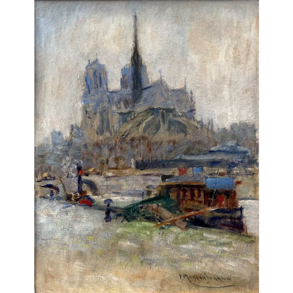 MORTON-JOHNSON Francis Paris Notre-Dame vue des quais de Seine Huile sur carton signée Certificat d&rsquo;authenticité 7