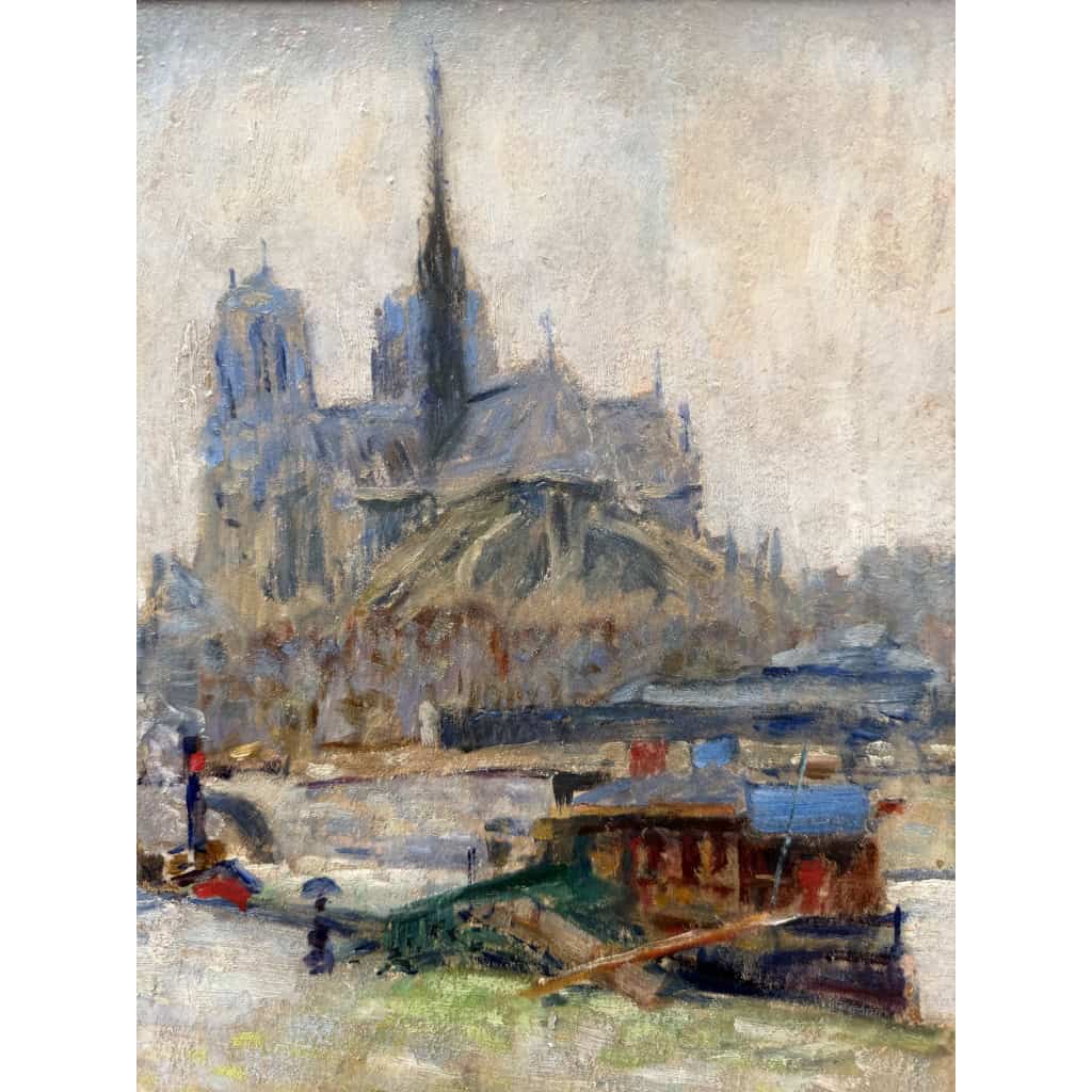 MORTON-JOHNSON Francis Paris Notre-Dame vue des quais de Seine Huile sur carton signée Certificat d&rsquo;authenticité 4