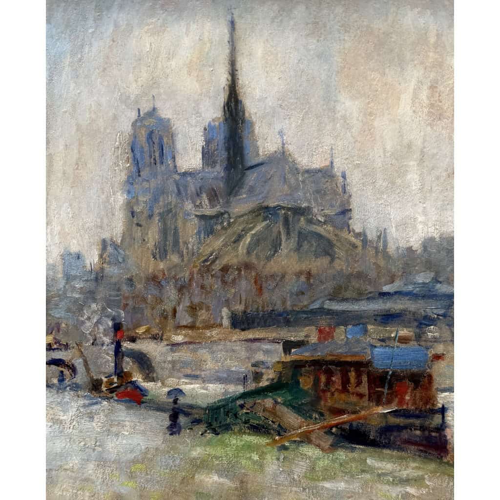 MORTON-JOHNSON Francis Paris Notre-Dame vue des quais de Seine Huile sur carton signée Certificat d&rsquo;authenticité 14