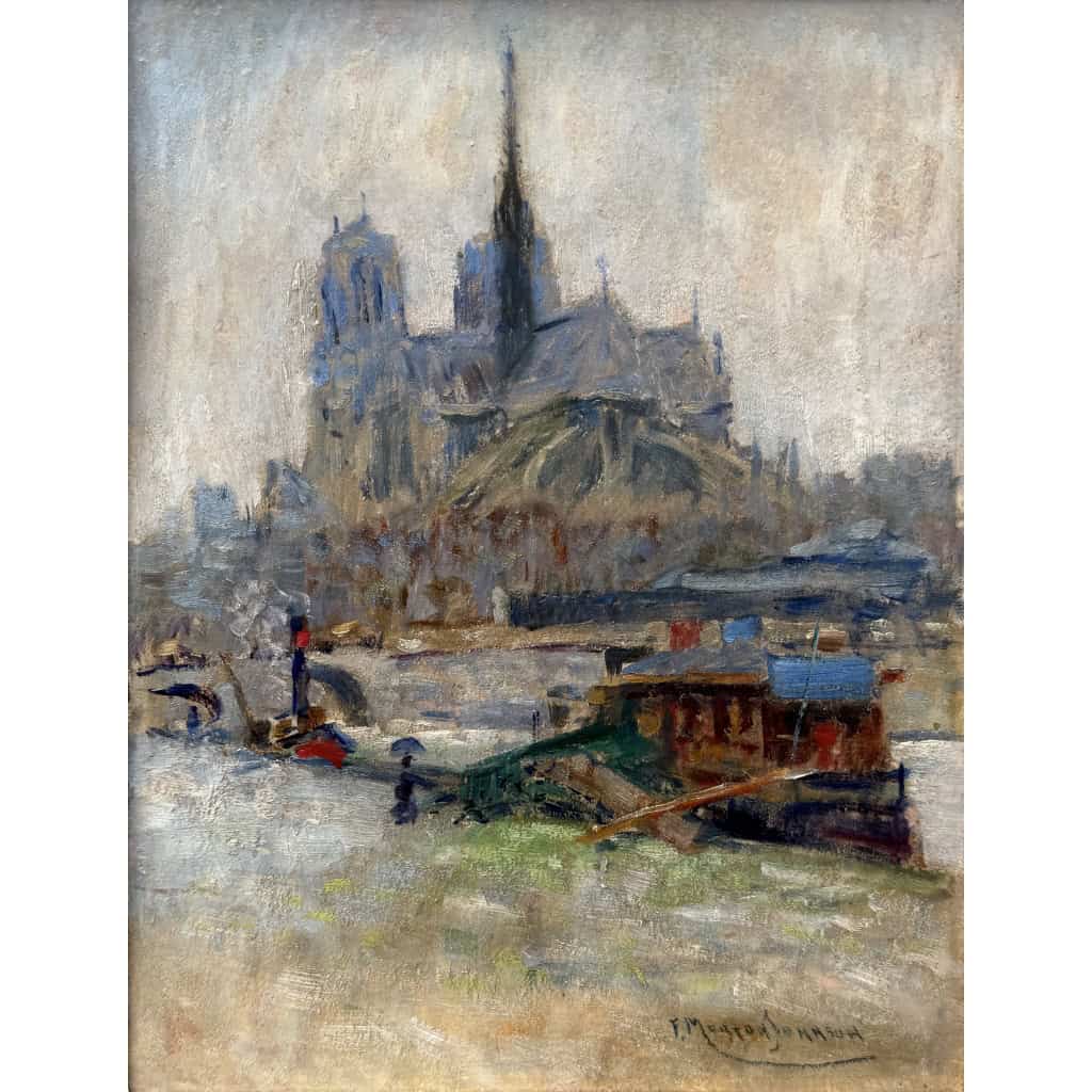 MORTON-JOHNSON Francis Paris Notre-Dame vue des quais de Seine Huile sur carton signée Certificat d&rsquo;authenticité 13