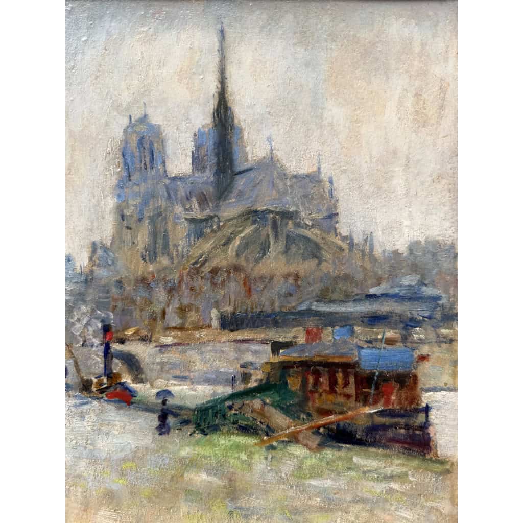 MORTON-JOHNSON Francis Paris Notre-Dame vue des quais de Seine Huile sur carton signée Certificat d&rsquo;authenticité 8