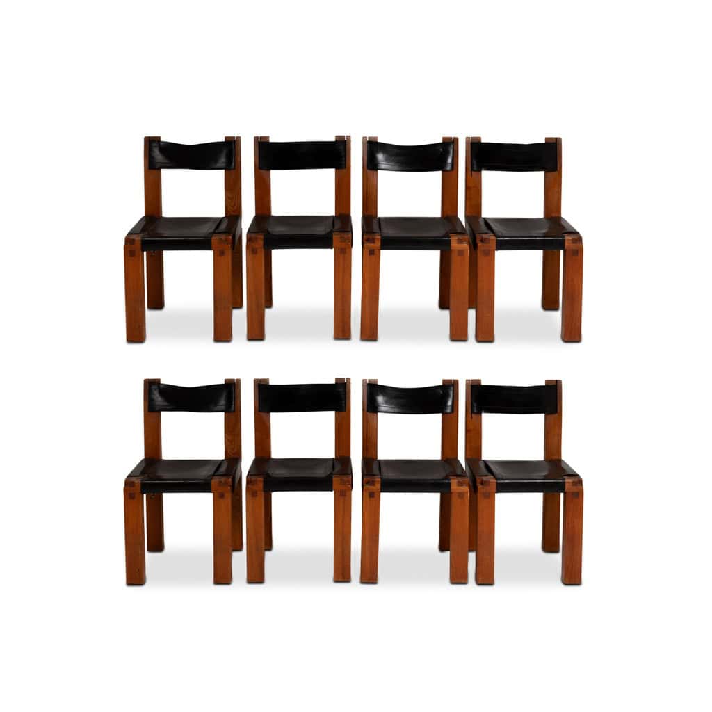 Pierre Chapo. Série de 8 chaises « S11 » en orme et cuir. Années 1960-70 3