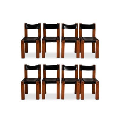 Pierre Chapo. Série de 8 chaises « S11 » en orme et cuir. Années 1960-70