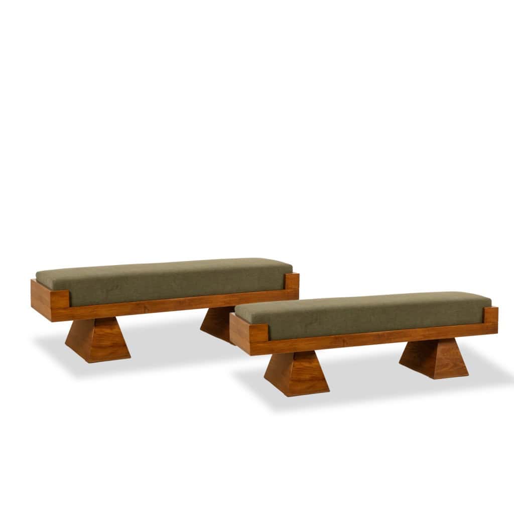 Banquette en frêne et velours de mohair vert. Contemporain 10