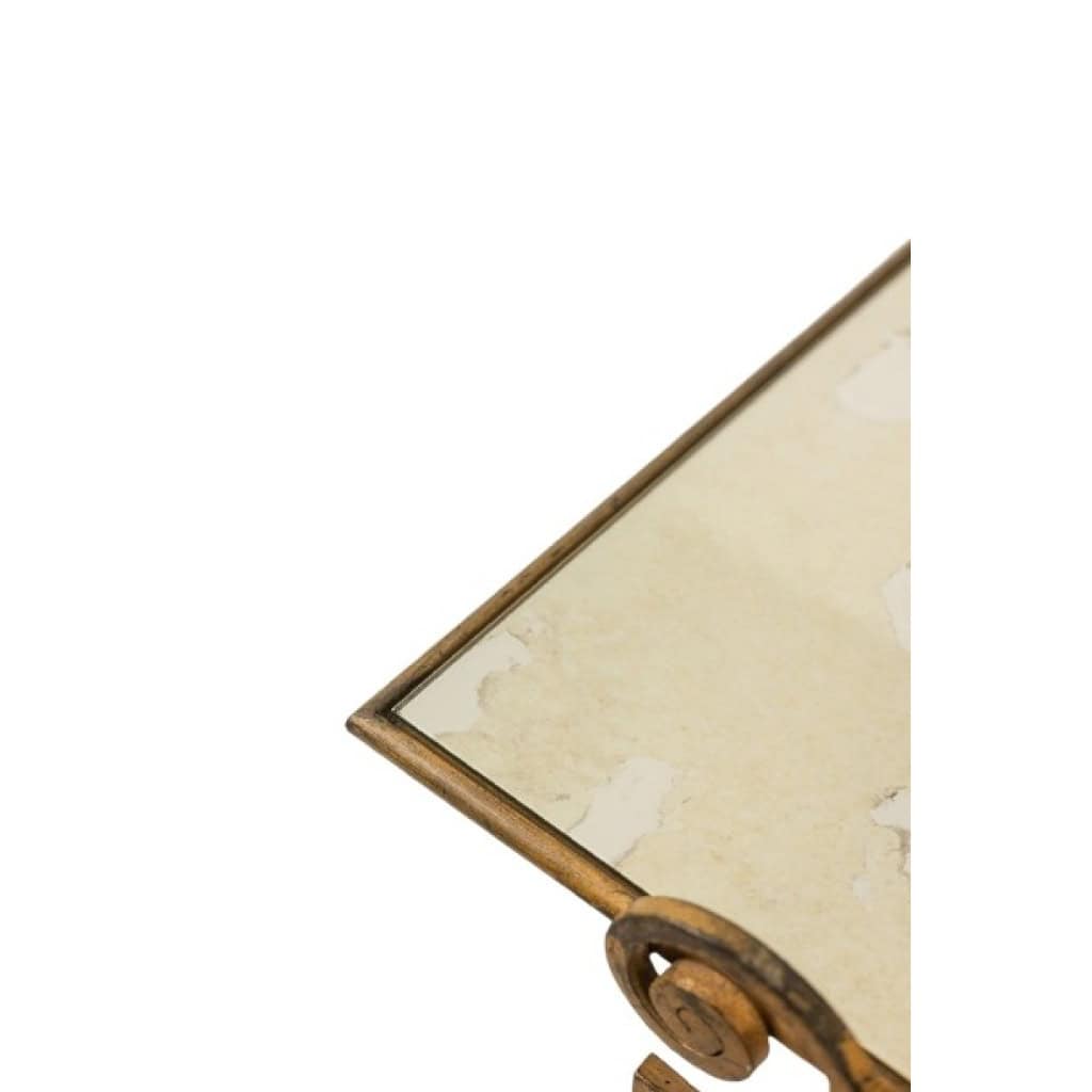 Table basse en fer forgé doré et plateau de verre églomisé. Années 1970 12