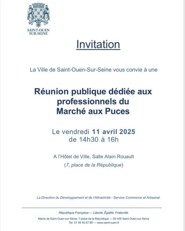 📌 Save the date

La ville de Saint-Ouen invite les professionnels du Marché aux Puces à une réunion publique, pour un moment d’écoute et d’échange :

📍 Hôtel de Ville — Salle Alain Rouault
🗓️ Vendredi 11 avril 2025
🕒 De 14h30 à 16h